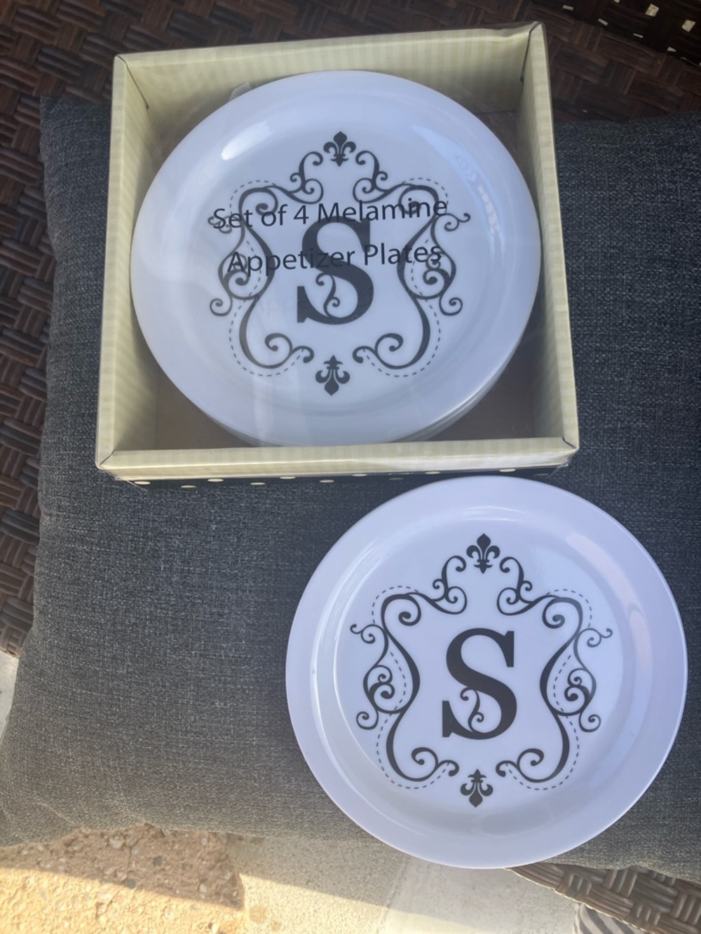 White Melamine Appetizer Plates with Black Monogram S - Set of 4
